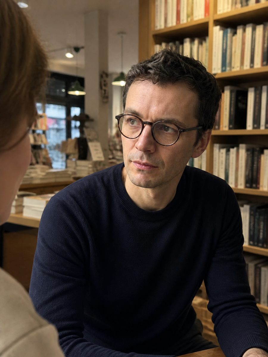 Mathis Laurent among the shelves of a bookshop