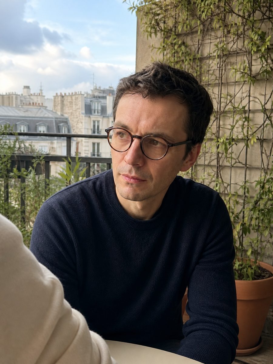 Mathis Laurent on a terrace, city rooftops and a cloudy sky behind him
