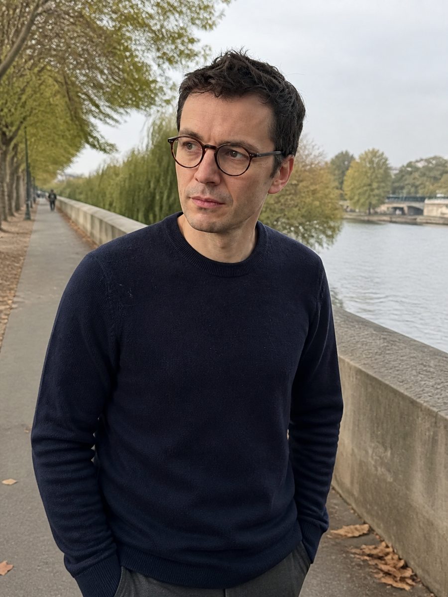 Mathis Laurent in a navy jumper and round glasses, standing on a tree-lined riverside path